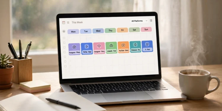 Laptop on a home-office desk showing a colorful weekly content calendar with scheduled social media posts, beside a notebook and a cup of coffee