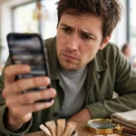 Skeptical person scrutinizing a news headline on a smartphone with a magnifying glass nearby