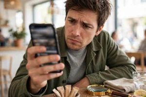 Skeptical person scrutinizing a news headline on a smartphone with a magnifying glass nearby