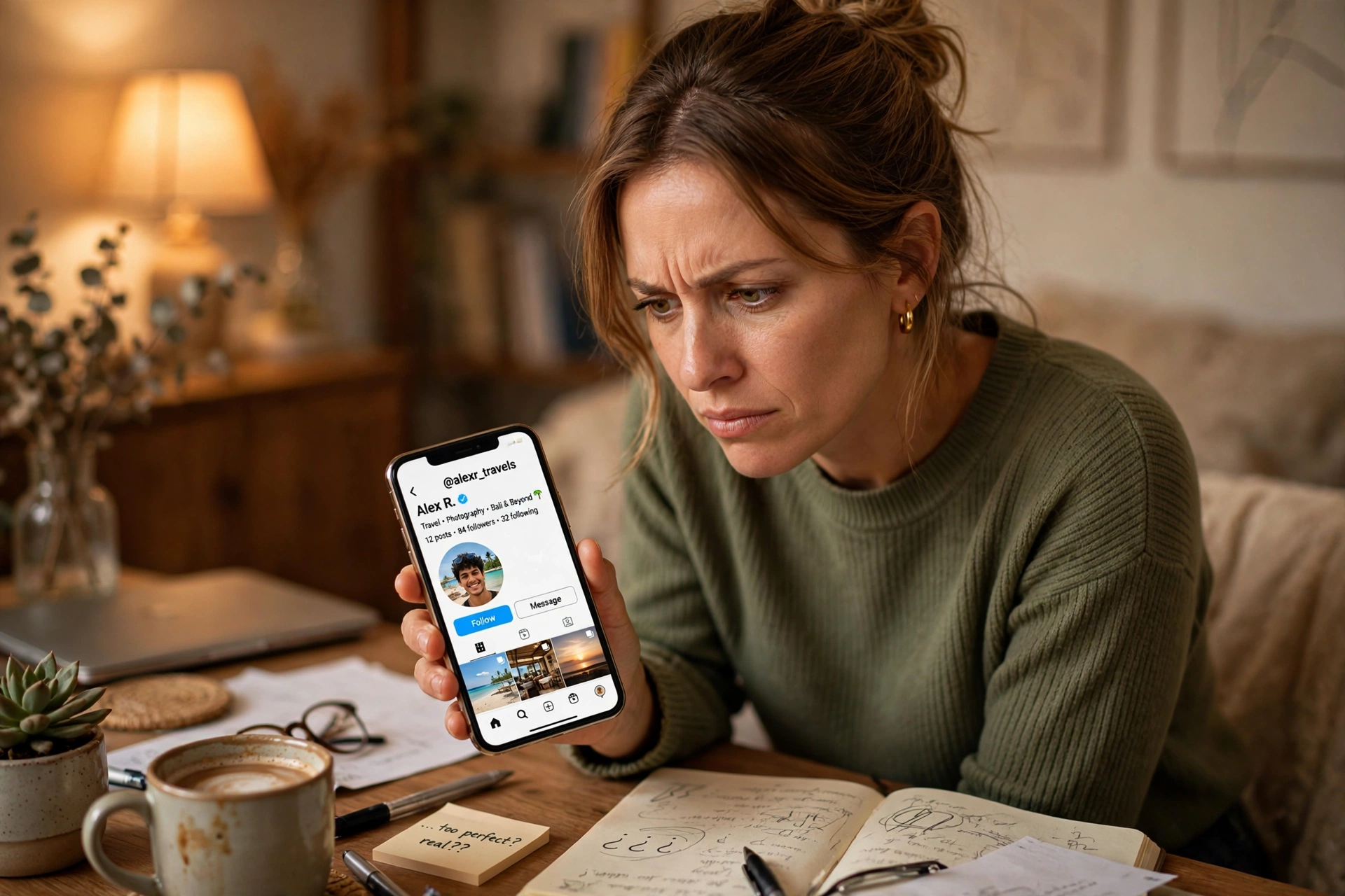 Woman at a desk looking skeptically at a smartphone showing a social media profile photo