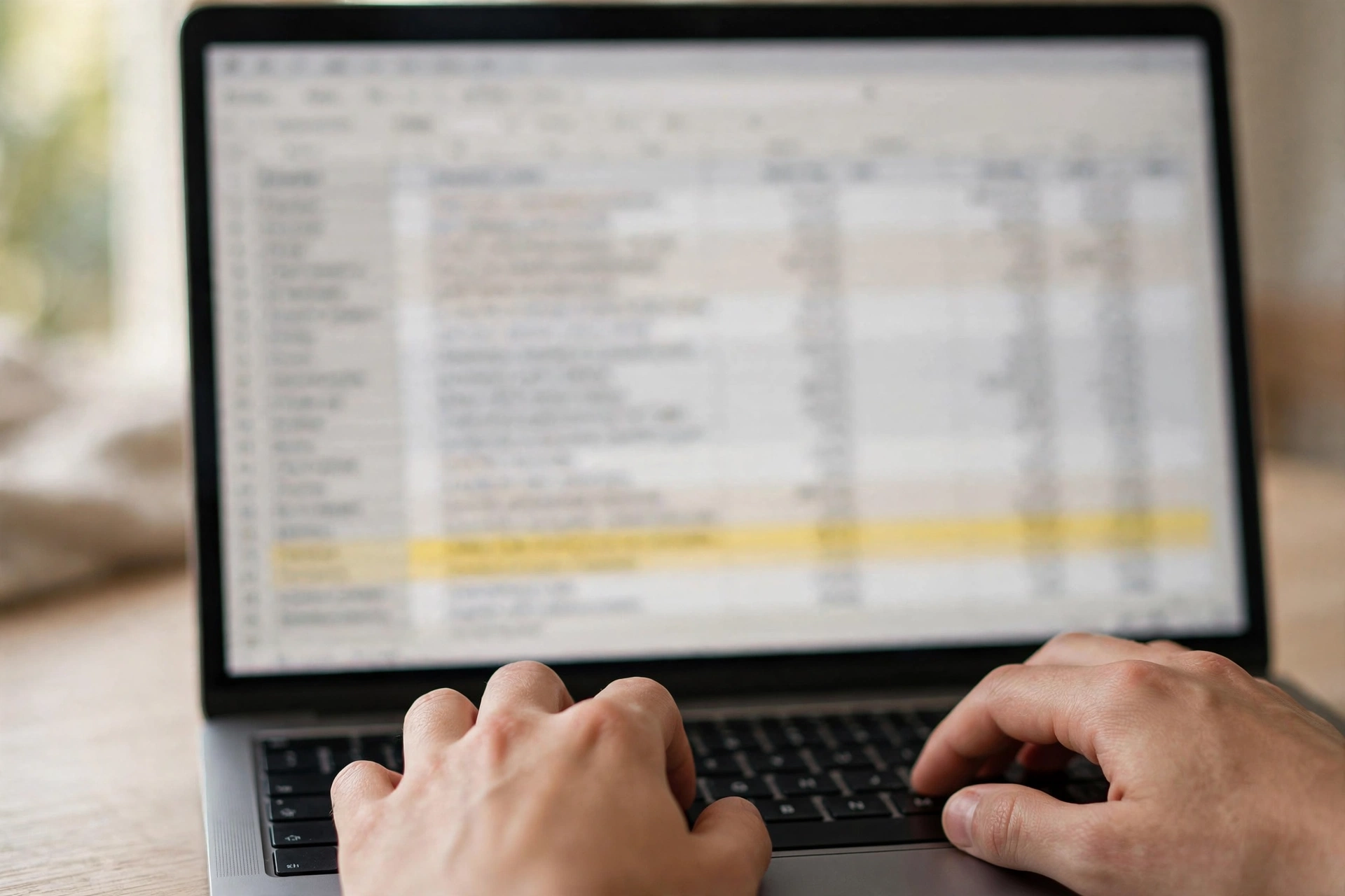 Close-up of a spreadsheet on a laptop screen with a highlighted total row as hands type