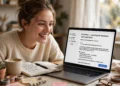 A beginner writing her first newsletter on a laptop at a bright home desk