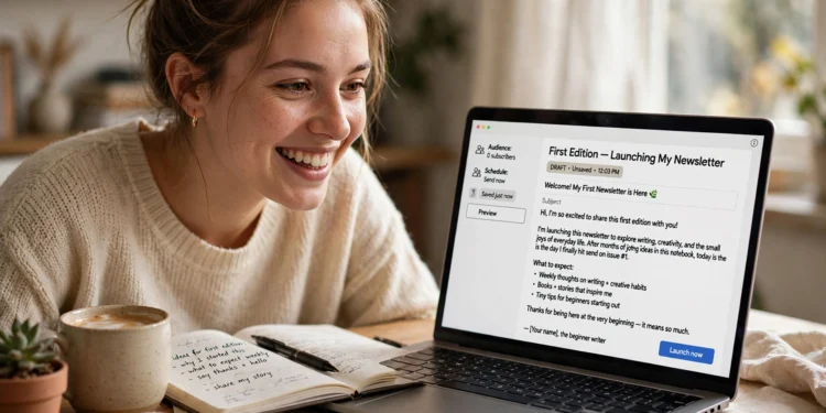 A beginner writing her first newsletter on a laptop at a bright home desk