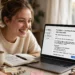 A beginner writing her first newsletter on a laptop at a bright home desk