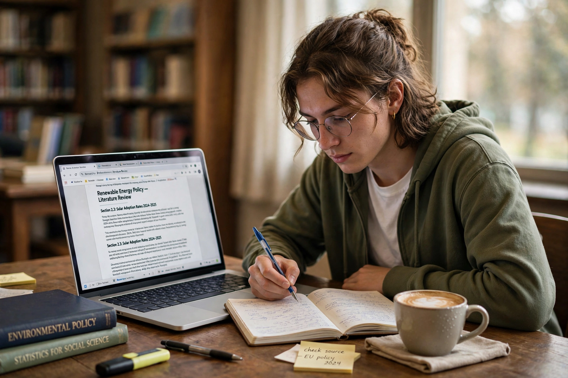 Student researching with an open laptop beside a paper notebook and coffee cup on a library table