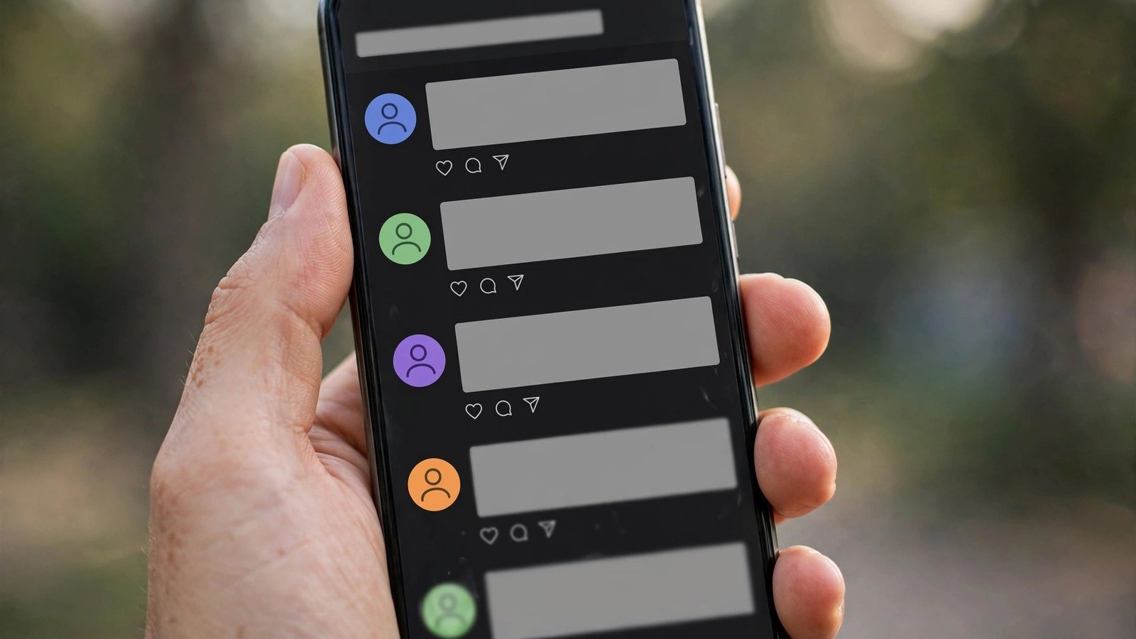 Close-up of a phone displaying a text-based social feed