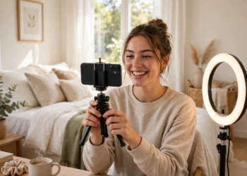 Young woman smiling while holding a smartphone on a tripod in a bright bedroom with a ring light, about to record a video