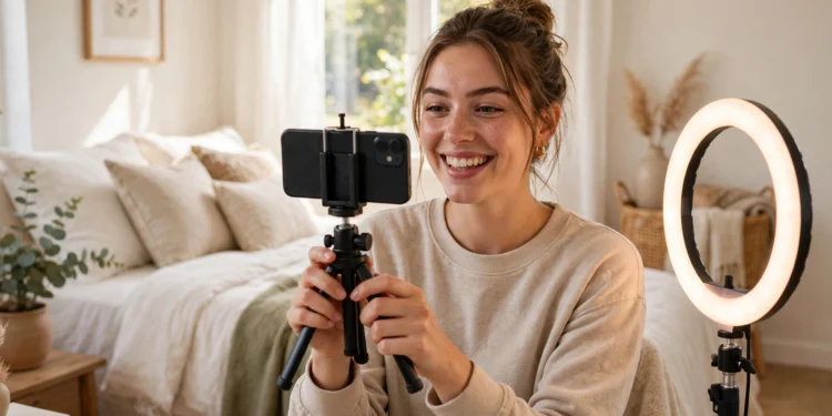 Young woman smiling while holding a smartphone on a tripod in a bright bedroom with a ring light, about to record a video