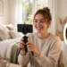 Young woman smiling while holding a smartphone on a tripod in a bright bedroom with a ring light, about to record a video