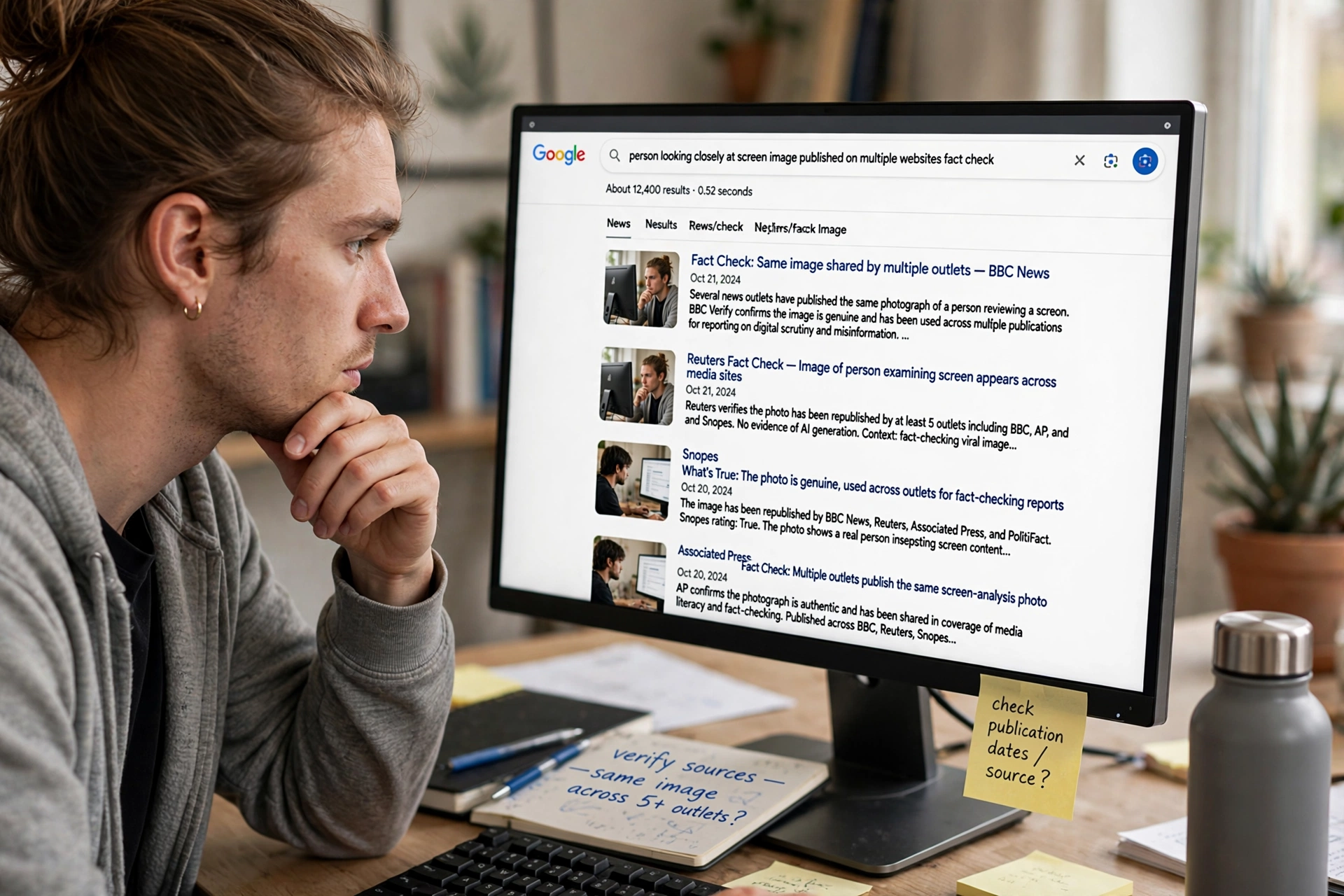 Desktop monitor showing search results listing several websites that published the same image