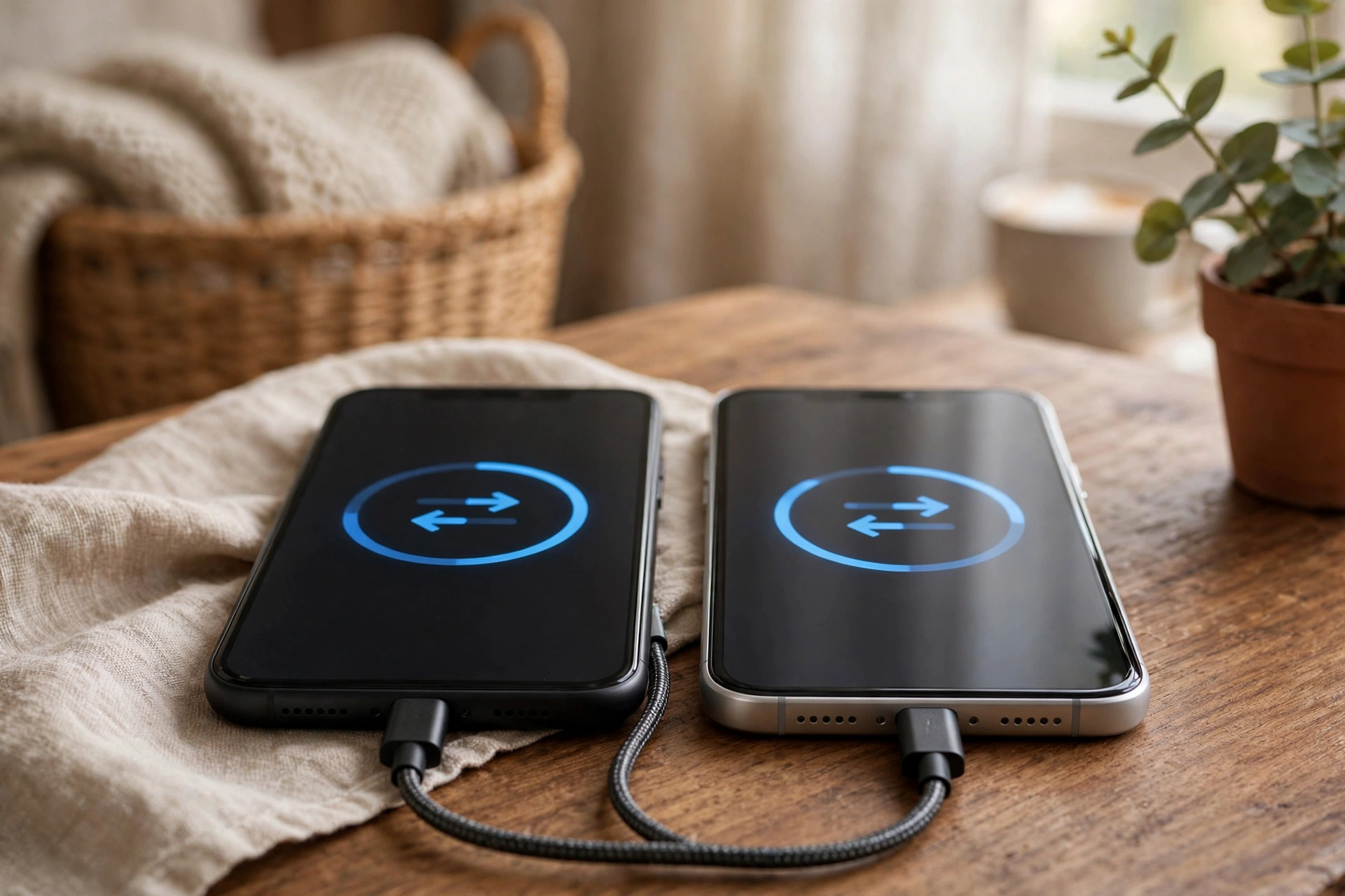 Old and new smartphones side by side on a table with a cable for data transfer