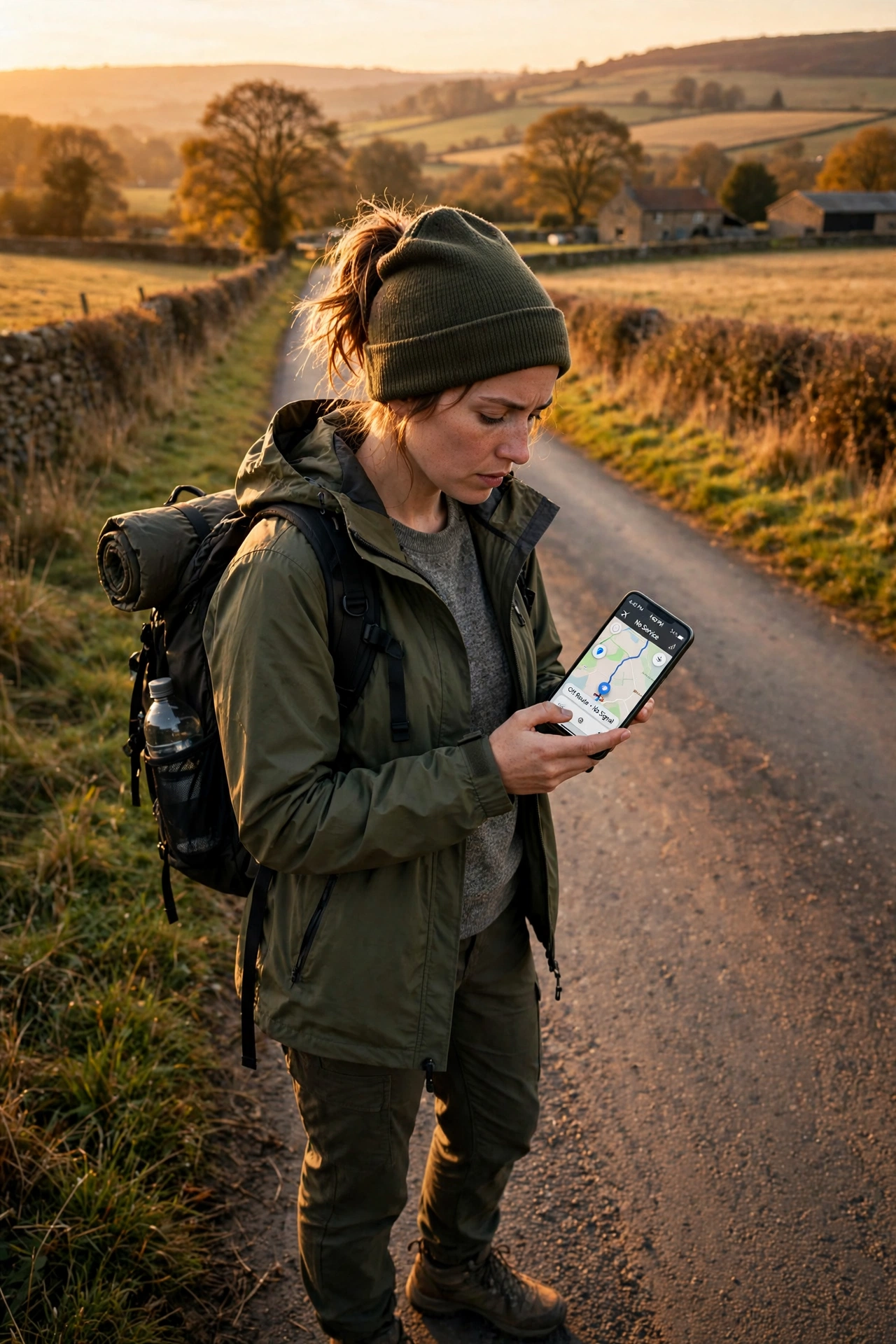 Traveler on a quiet rural road checking a map on a smartphone at golden hour