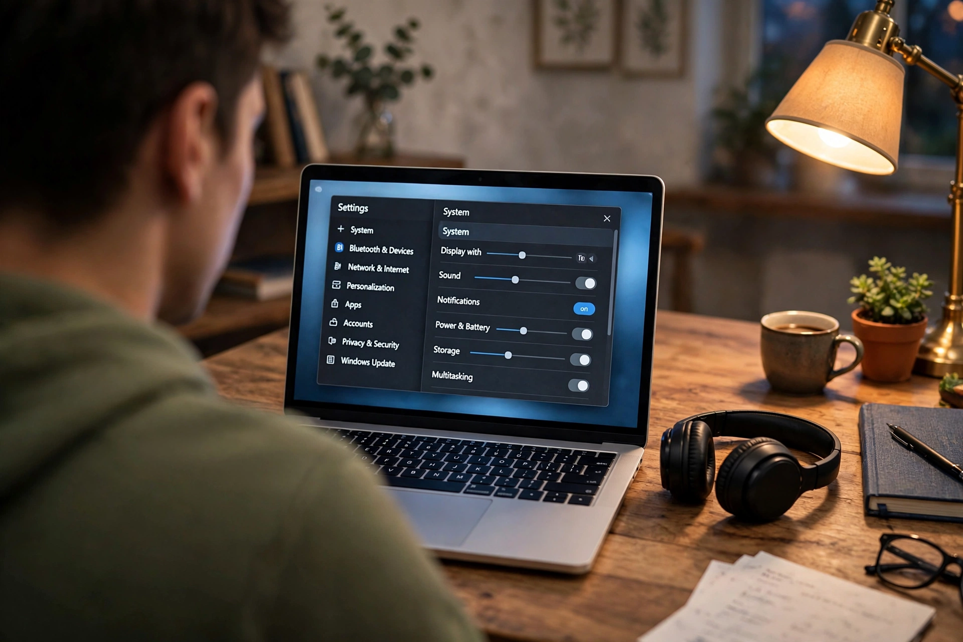 Over-the-shoulder view of a person at a desk looking at Bluetooth settings on a laptop with a wireless headset nearby