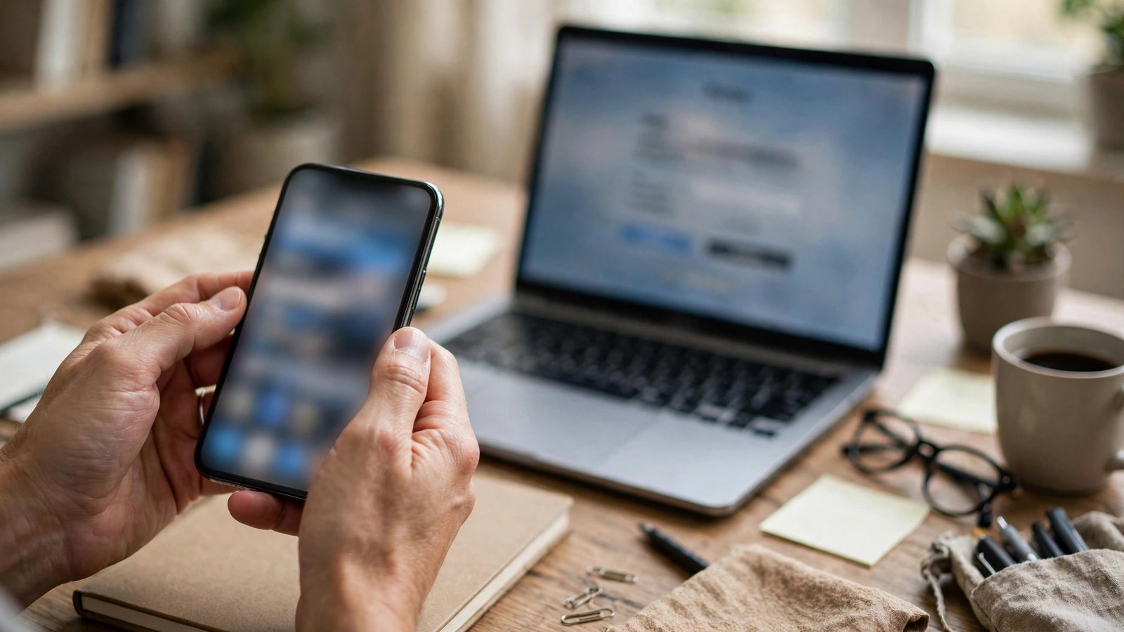 Phone showing a two-factor authentication code next to a laptop