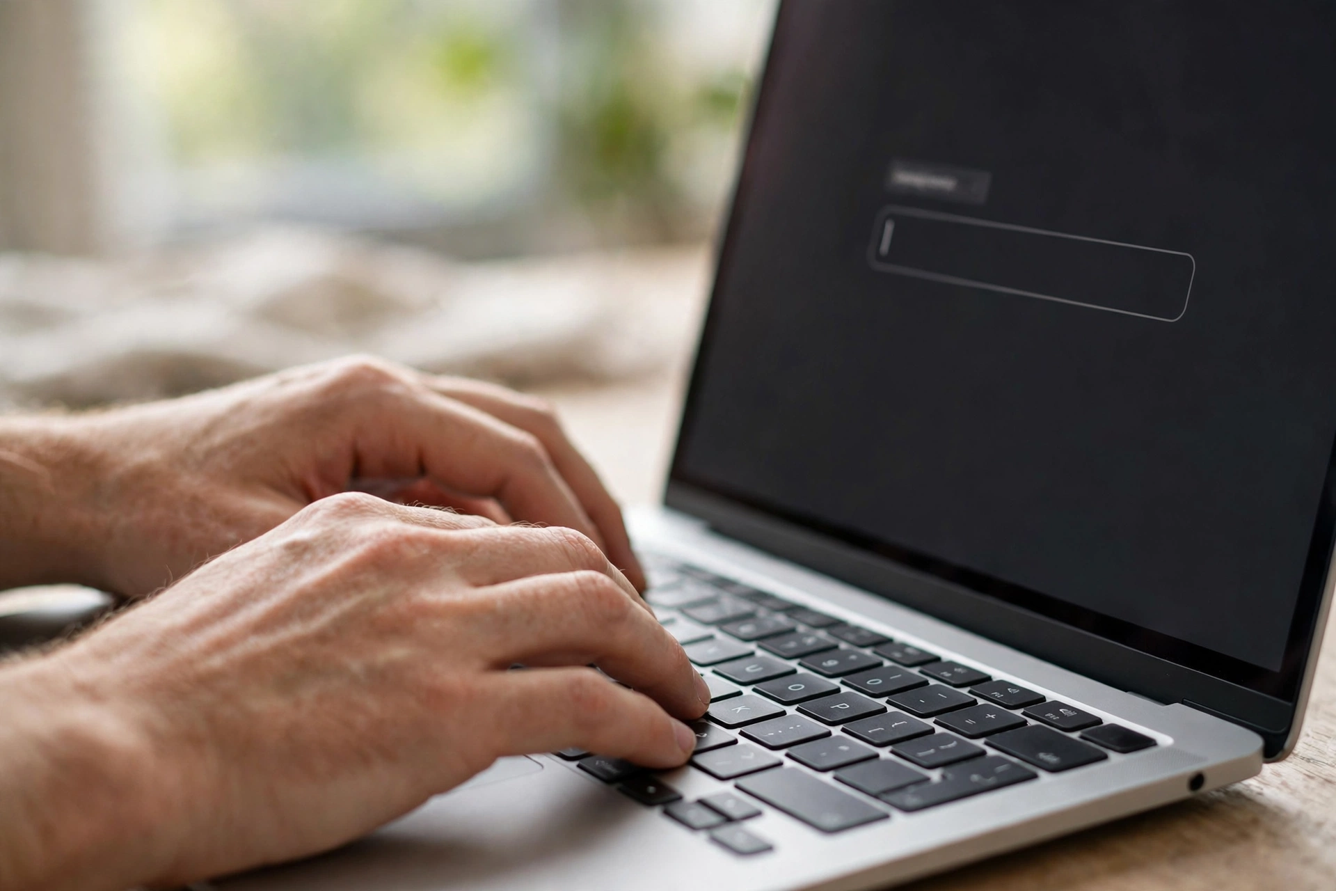 Close-up of hands typing a descriptive text prompt on a laptop keyboard