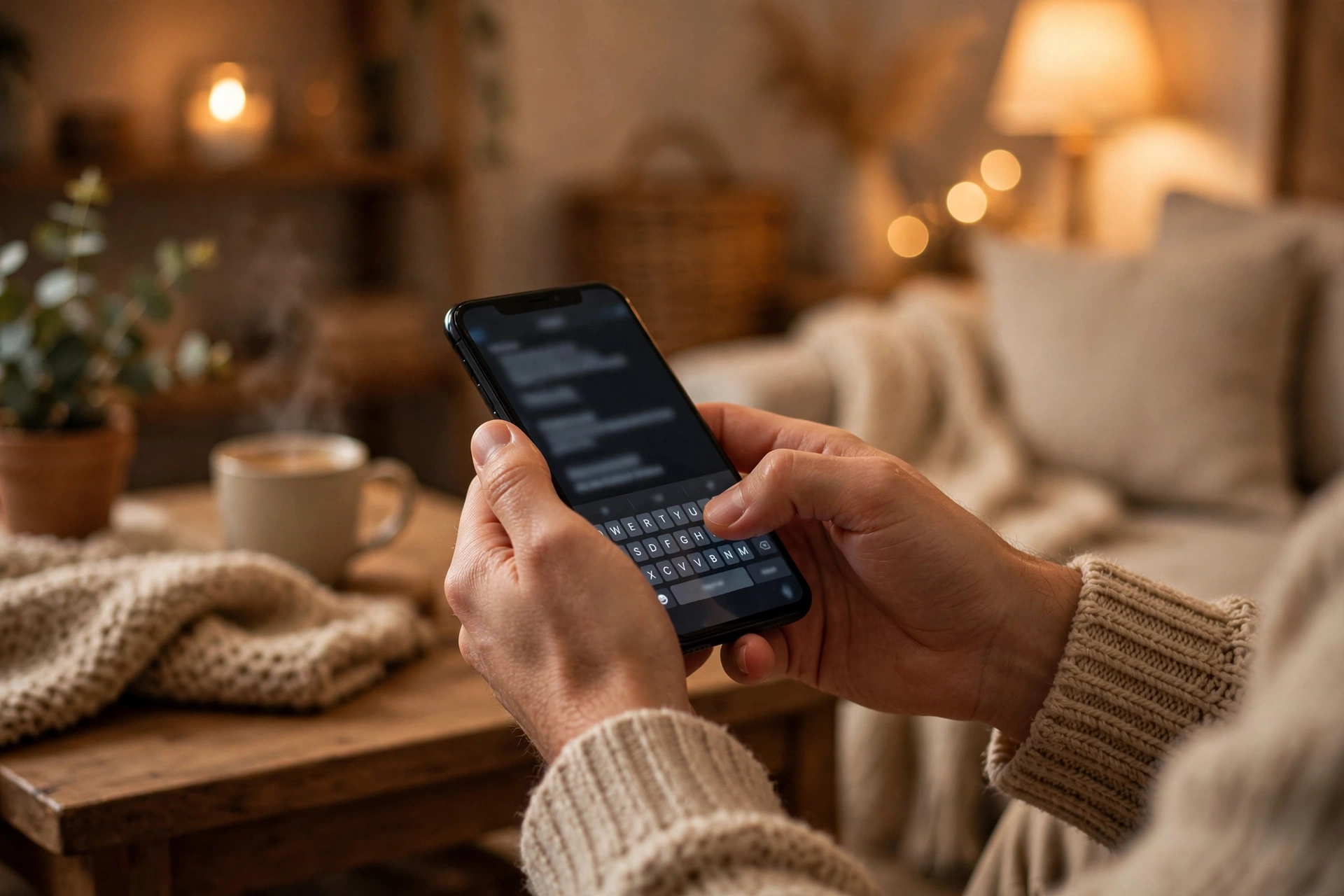 Hands typing a private message on a smartphone in a cozy living room