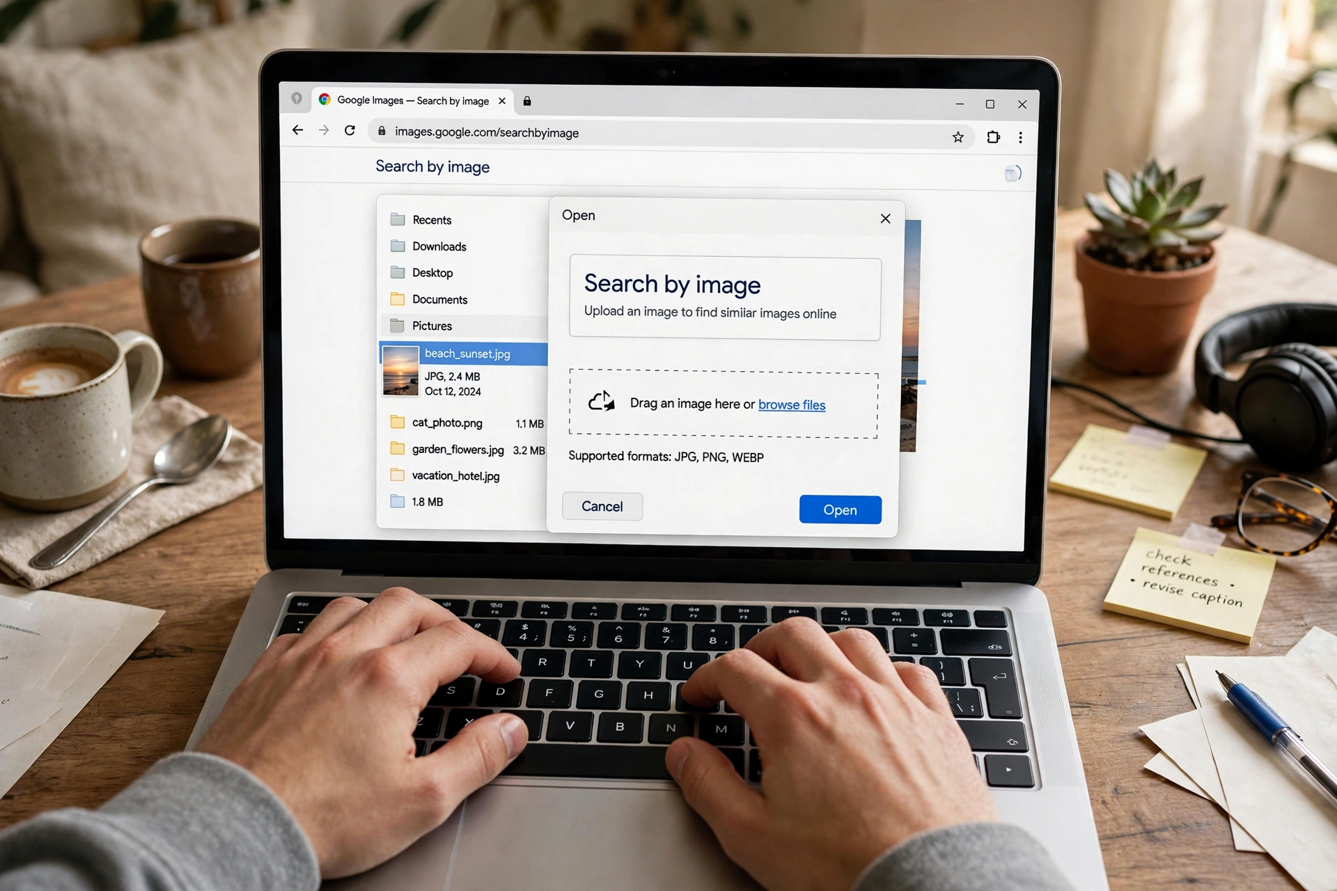 Laptop screen showing a photo file being selected for upload into an image search box