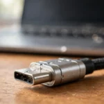 Macro shot of a USB-C cable connector on a wooden desk with a blurred laptop