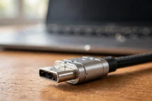 Macro shot of a USB-C cable connector on a wooden desk with a blurred laptop