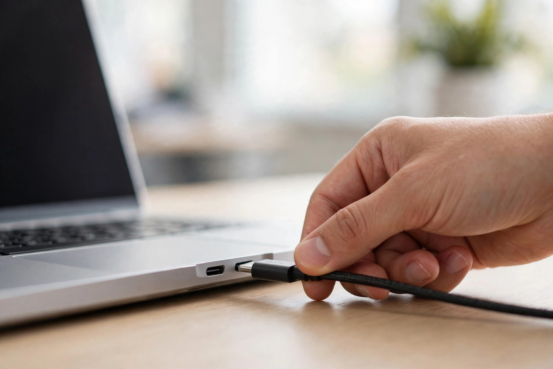 Hand plugging a USB-C cable into a laptop port on a clean desk
