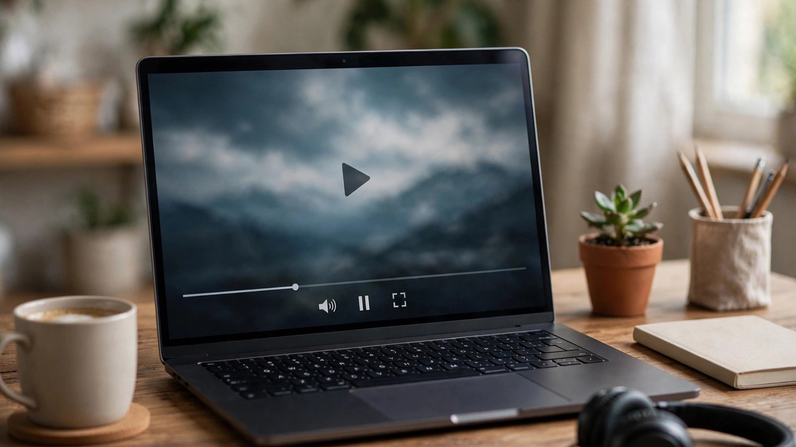 Video player with playback controls on a laptop in a home office