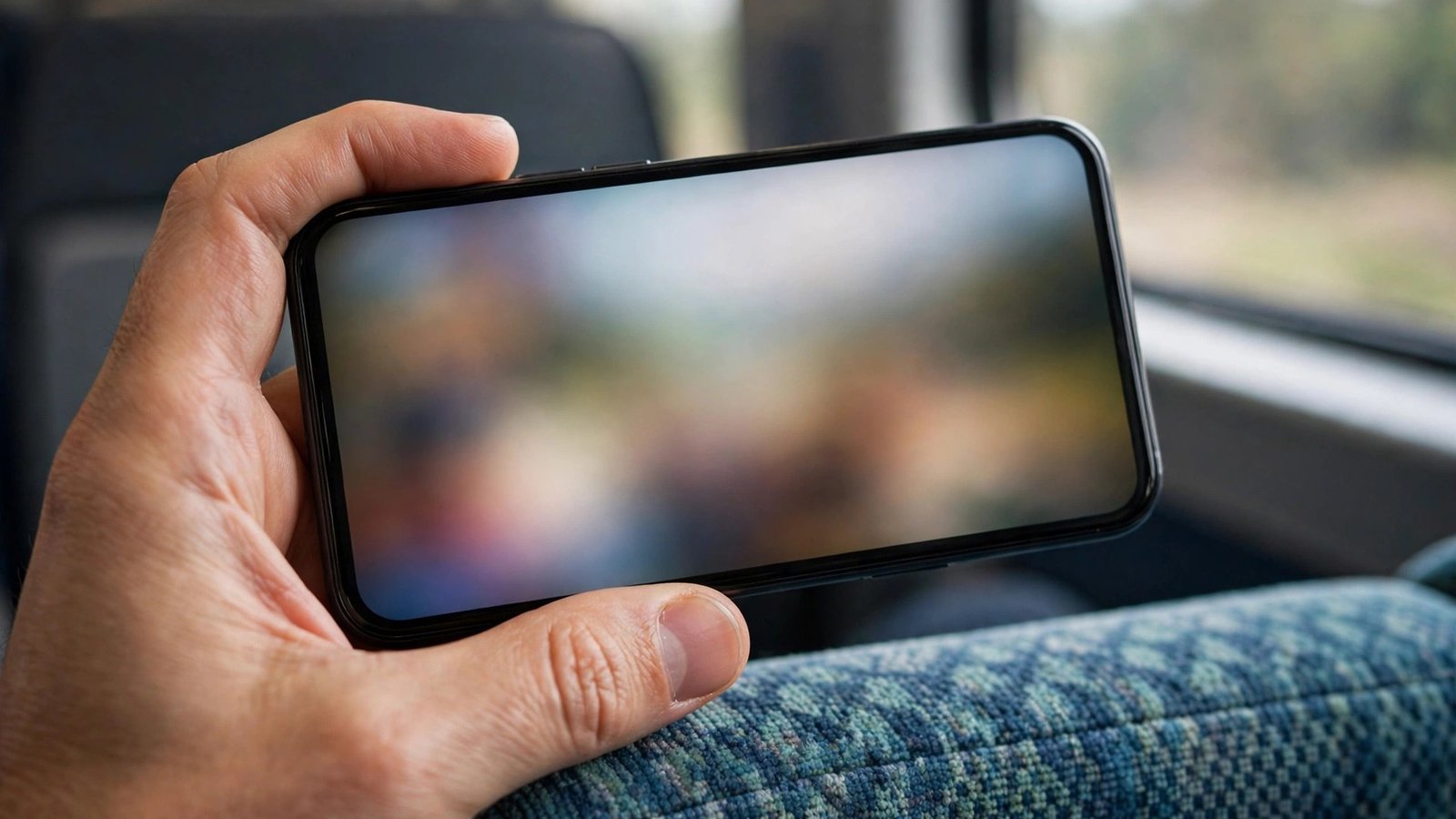 Hand holding a smartphone playing a video on a train