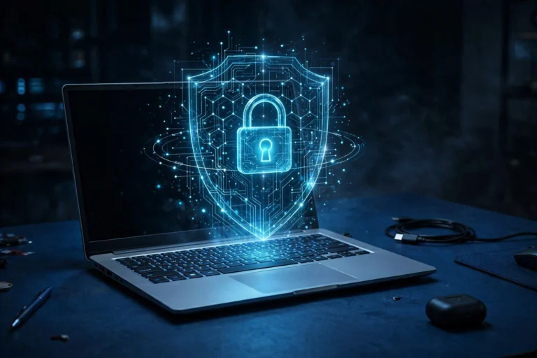 Laptop with a glowing digital shield and padlock hologram above the keyboard on a dark blue desk