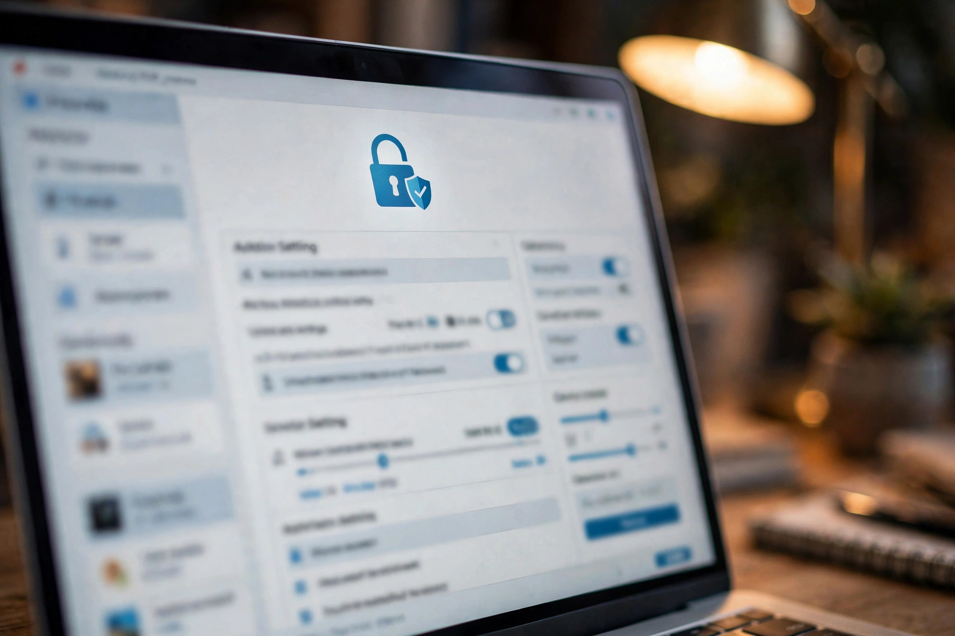 Laptop screen showing a router admin settings dashboard with a security padlock icon