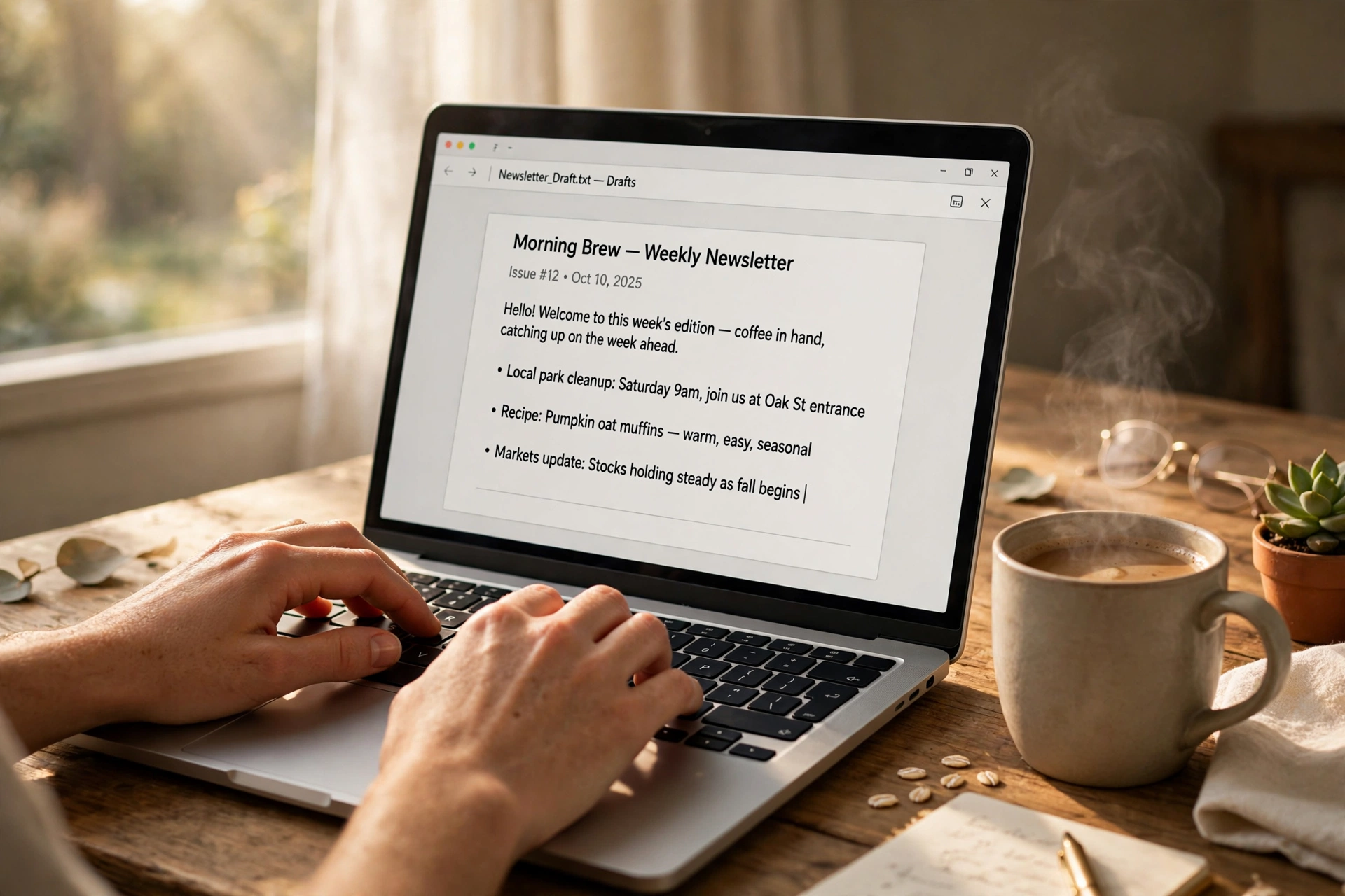 Hands typing a newsletter draft on a laptop beside a morning coffee