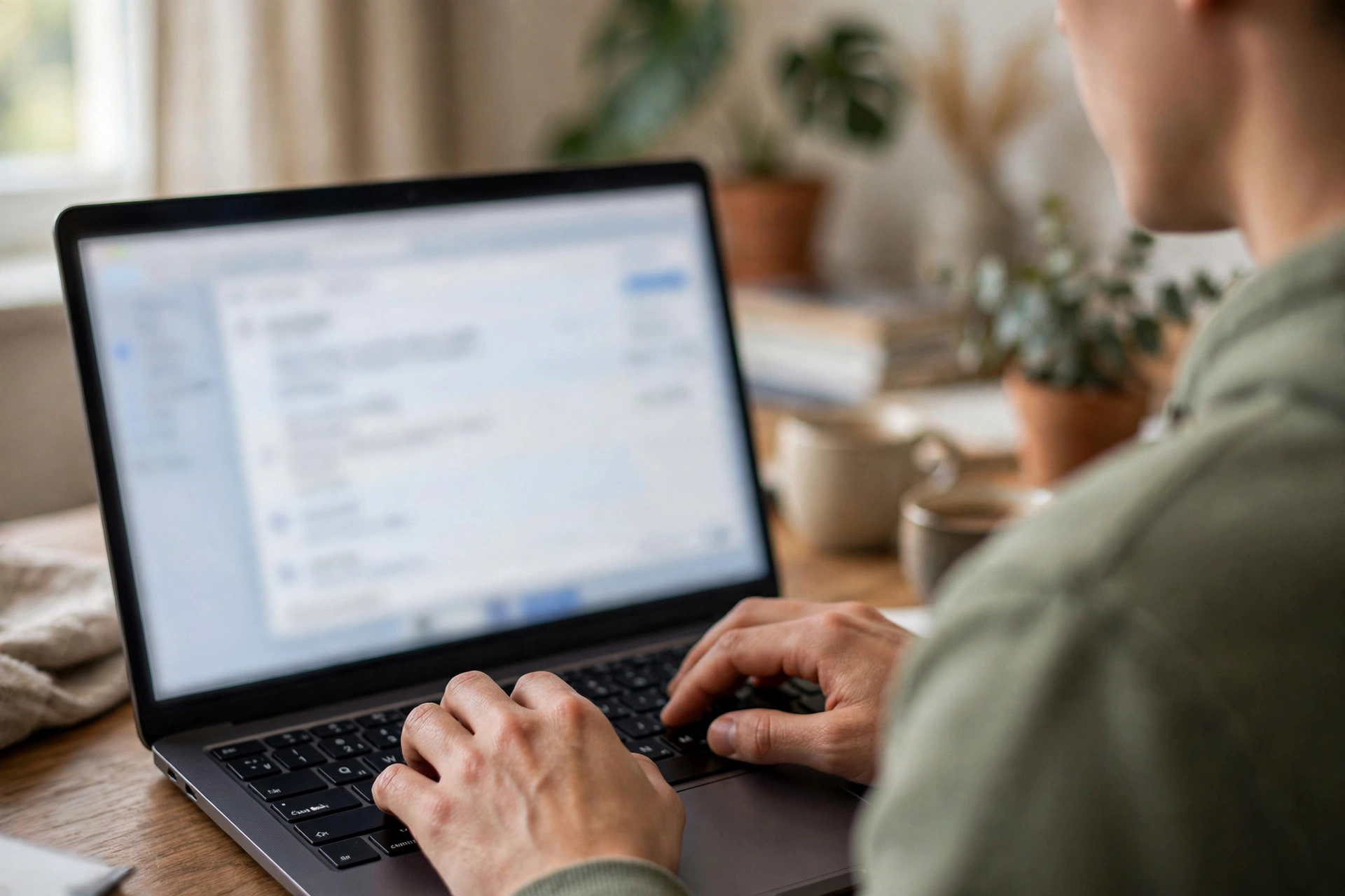 Over-the-shoulder close-up of hands typing an email on a laptop, compose window open on the blurred screen