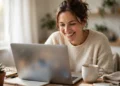 A smiling woman at a bright home-office desk drafting an email on her laptop, coffee mug beside her
