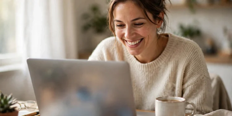 A smiling woman at a bright home-office desk drafting an email on her laptop, coffee mug beside her