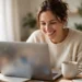 A smiling woman at a bright home-office desk drafting an email on her laptop, coffee mug beside her