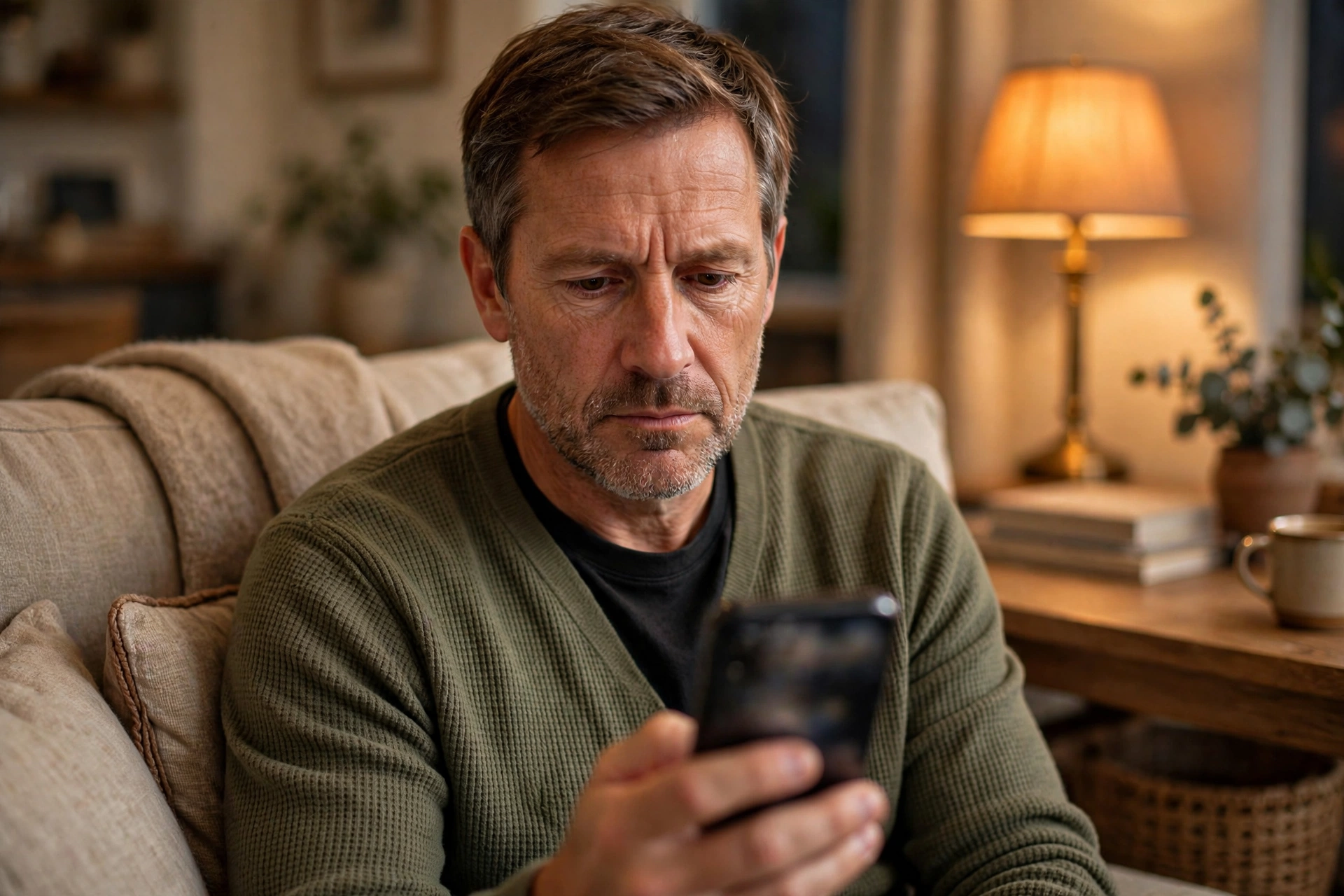 A thoughtful man on a living-room sofa reviewing an email draft on his smartphone