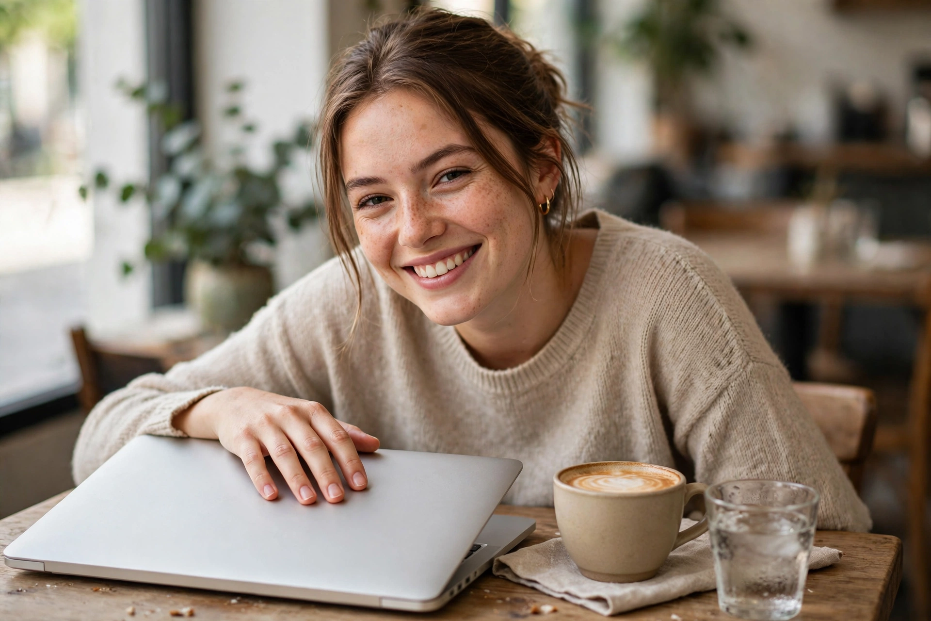 A relieved young woman at a cafe table, hand resting on her closed laptop after sending an email
