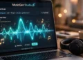 Laptop screen showing an AI music generation interface with a glowing waveform, headphones resting on a wooden desk