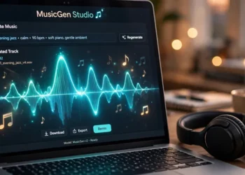 Laptop screen showing an AI music generation interface with a glowing waveform, headphones resting on a wooden desk