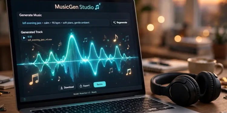 Laptop screen showing an AI music generation interface with a glowing waveform, headphones resting on a wooden desk