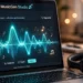 Laptop screen showing an AI music generation interface with a glowing waveform, headphones resting on a wooden desk