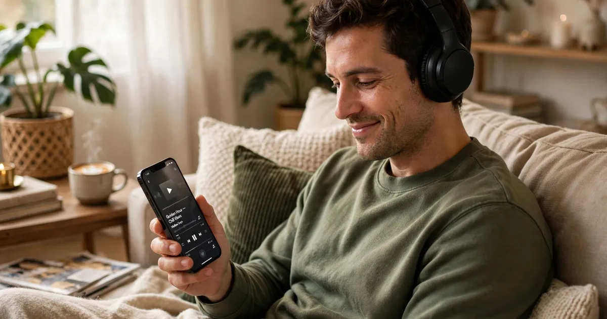 Person relaxing on a sofa listening with headphones, smiling, holding a phone