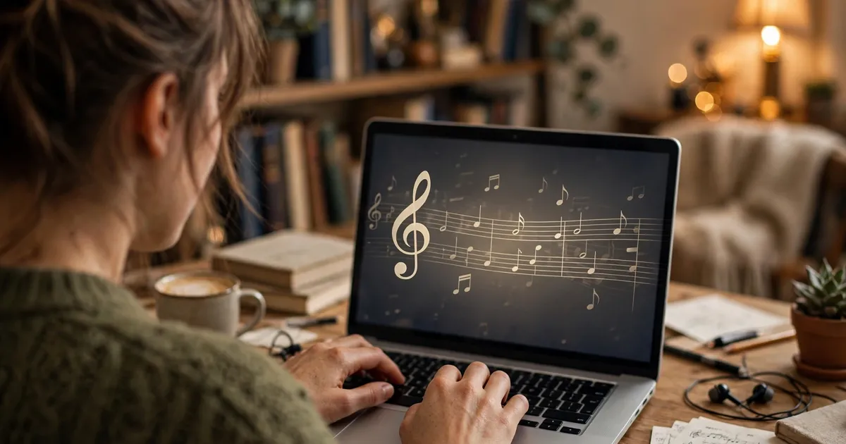 Person typing on a laptop with faint music note graphics reflected on the screen