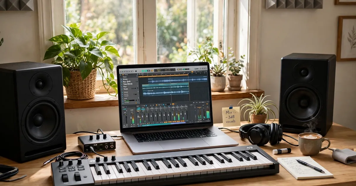 Home studio desk with a keyboard instrument, speakers and a laptop showing audio software