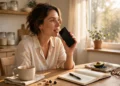 Woman recording a voice note on her phone at a bright kitchen table with a notebook and coffee