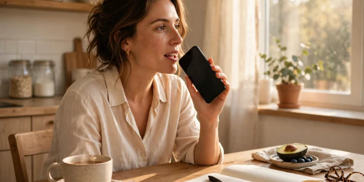 Woman recording a voice note on her phone at a bright kitchen table with a notebook and coffee