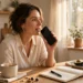 Woman recording a voice note on her phone at a bright kitchen table with a notebook and coffee