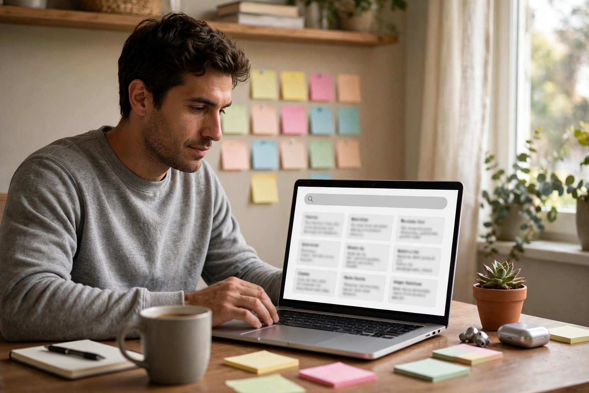 Man searching through neatly organized digital notes on a laptop at a home office desk