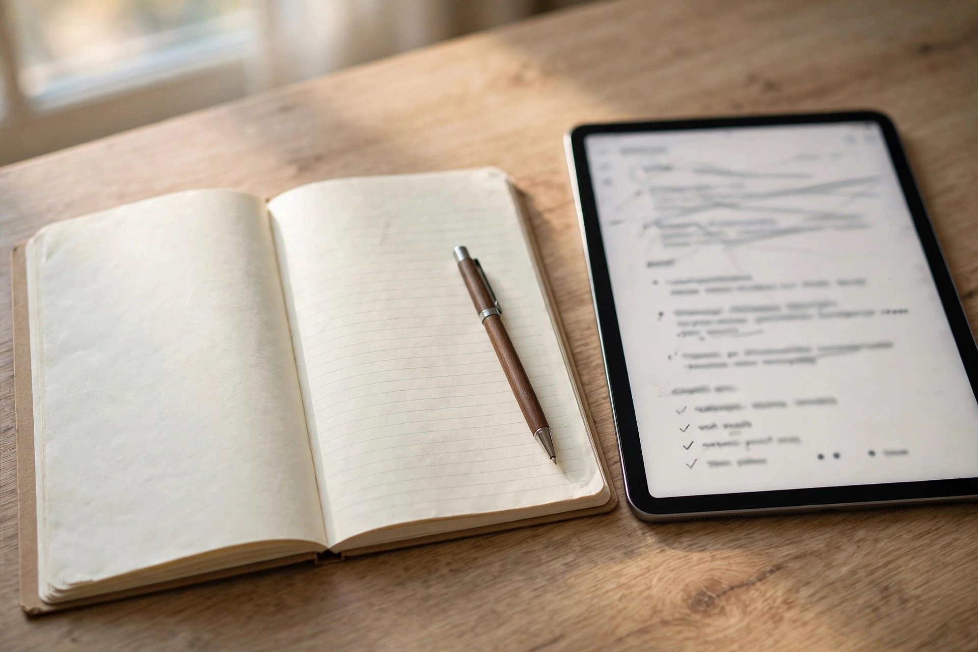 Open paper notebook next to a tablet showing a summarized page of notes with a pen