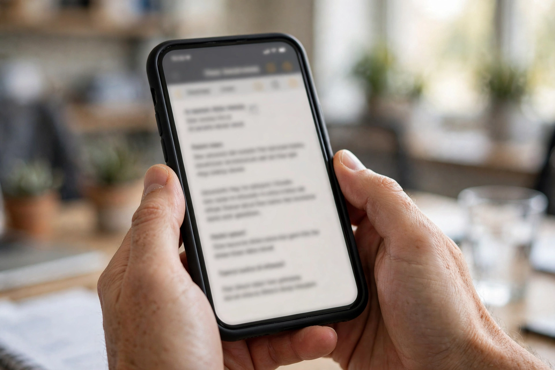 Hands holding a smartphone showing a transcribed voice note in a notes app