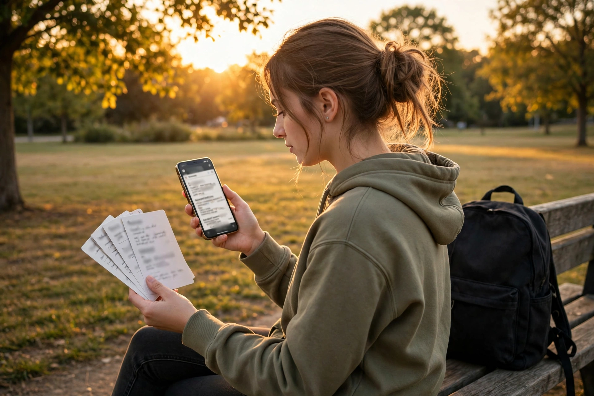 Student reviewing study flashcards on a phone while holding paper cards on a park bench