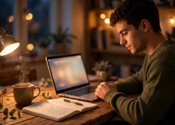 Student studying at a warmly lit desk with a laptop, notebook and a cup of tea